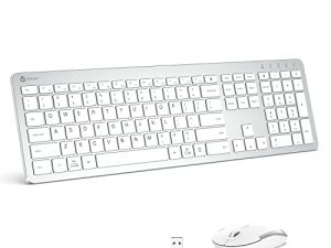 لوحة مفاتيح وماوس لاسلكي من iClever GK08 - لوحة مفاتيح قابلة لإعادة الشحن بتصميم مريح وهادئ بالحجم الكامل مع لوحة أرقام ، اتصال مستقر 2.4G لوحة مفاتيح وماوس أبيض نحيف لجهاز كمبيوتر يعمل بنظام التشغيل Windows Mac OS