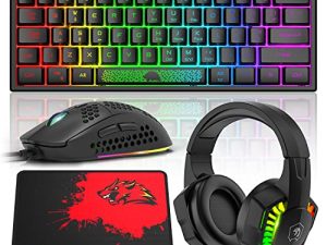 60٪ لوحة مفاتيح الألعاب ماوس قرص العسل وسماعة رأس RGB كومبو مع إضاءة خلفية قوس قزح مريح 62 مفتاح إحساس ميكانيكي قابل للتعديل 6400 ديسيبل متوحد الخواص سماعة رأس ستريو صوت لجهاز PS4 Xbox One PC Mac Gamer
