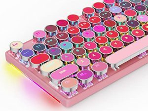 HUO JI لوحة مفاتيح الألعاب الميكانيكية على طراز الآلة الكاتبة مع إضاءة جانبية RGB وإضاءة خلفية بألوان قوس قزح ، نمط قديم ، مفاتيح زرقاء - Clicky ، أحمر شفاه 104 مفاتيح لجهاز Mac ، PC ، وردي لطيف