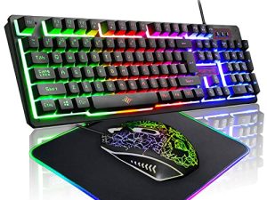 لوحة مفاتيح ألعاب سلكية وماوس كومبو من FELICON و 10 لوحة ماوس RGB مقاومة للماء 104 مفتاح لوحة مفاتيح بإضاءة خلفية بألوان قوس قزح وماوس متوهج للكمبيوتر المحمول وألعاب الكمبيوتر والعمل