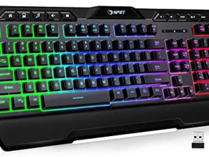 لوحة مفاتيح الألعاب اللاسلكية NPET K32 RGB مع مسند للمعصم - بطارية قابلة لإعادة الشحن تدوم طويلاً - كتابة سريعة وهادئة - لوحة مفاتيح لاسلكية بإضاءة خلفية مقاومة للماء للكمبيوتر الشخصي PS5 PS4 Xbox One Mac - أسود