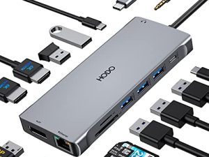 USB C Docking Station شاشة مزدوجة ، 14 في 1 عرض ثلاثي USB C Hub محول متعدد مع 2 HDMI ، DisplayPort ، إيثرنت ، 6 USB ، PD ، SD / TF ، صوت وميكروفون لأجهزة الكمبيوتر المحمولة Del / HP / Lenovol / Surface
