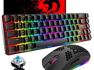 60٪ لوحة مفاتيح ميكانيكية للألعاب 68 مفتاحًا سلكيًا من النوع C 18 RGB تأثيرات الإضاءة الخلفية ، ماوس RGB خفيف الوزن 6400 ديسيبل متوحد الخواص ، لوحة ماوس كبيرة متوافقة مع PS4 ، Xbox ، الكمبيوتر الشخصي ، الكمبيوتر المحمول ، MAC (مفتاح أسود / أزرق)