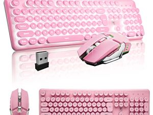 مجموعة لوحة مفاتيح وماوس لاسلكية قابلة لإعادة الشحن ، لوحة مفاتيح FELiCON Pink Typewriter Style Keycap بيضاء بإضاءة خلفية ميكانيكية وفئران DPI قابلة للتعديل 7D مع بطارية 4800mAh لأجهزة الكمبيوتر المحمول وألعاب الكمبيوتر