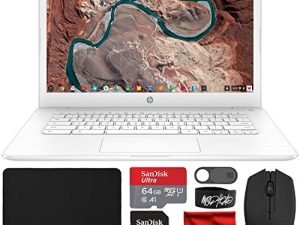كمبيوتر محمول HP Chromebook 14 بوصة عالي الدقة (Intel Celeron N3350 حتى 2.4 جيجا هرتز ، ذاكرة وصول عشوائي 4 جيجا بايت ، ذاكرة فلاش eMMC سعة 32 جيجا بايت ، كاميرا ويب ، WiFi ، Bluetooth ، USB-A & C ، نظام تشغيل Chrome) مع بطاقة microSDXC سعة 64 جيجا بايت ، ماوس ، لوحة ماوس