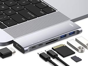 مهايئ MacBook Pro USB بشحن مزدوج [مطور] ، وقاعدة توصيل USB من النوع C Hub لجهاز MacBook Air Pro M1 2021 / 2020-2018 ، مع 4K @ 60Hz HDMI ، TB3 ، USB C ، USB 3.0 وقارئ بطاقات SD / Micro (رمادي فلكي) )