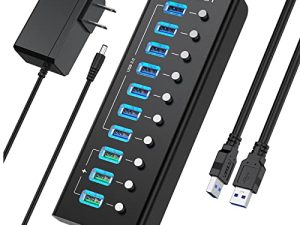 Rybozen 10 Port Powered USB Hub، 60W Data Hub with 7 USB 3.0 Data Hub and 3 Fast Charging Hub for Mobile HDD، MacBook، iMac، Mac Pro / Mini، iPad Air، PC، Laptop والمزيد