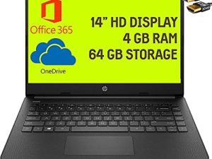 كمبيوتر محمول HP Stream 14 شاشة 14 بوصة عالية الدقة بتقنية Micro-Edge Intel Celeron N4020 4GB RAM 64GB eMMC Intel UHD Graphics 600 HDMI USB-C Webcam Office 365 Win 10 (أسود) + كابل HDMI
