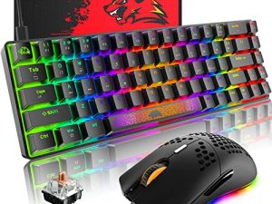 لوحة مفاتيح ألعاب ميكانيكية بنسبة 60٪ وماوس كومبو بإضاءة خلفية RGB مريح ومضاد للظلال 68 مفتاحًا 6400 ديسيبل متوحد الخواص الفئران الصامتة على شكل قرص العسل Type-C السلكية لأجهزة الكمبيوتر Mac Gamer