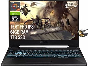 ASUS 2021 Flagship TUF A15 Gaming 15 Laptop 15.6 "FHD IPS 144Hz AMD 6-Core Ryzen 5 5600H (Beats i7-9750H) 64GB RAM 1TB SSD GeForce RTX 3050Ti 4GB RGB بإضاءة خلفية USB-C Win10 أسود + كابل HDMI