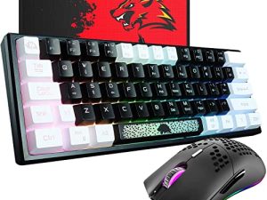 60٪ لوحة مفاتيح ألعاب وماوس كومبو صغير محمول بإضاءة خلفية RGB أسود وأبيض مزدوج اللون مع إحساس ميكانيكي وماوس بصري قرص العسل RGB 6400 نقطة في البوصة ، لوحة ماوس ألعاب للاعبين والكتاب