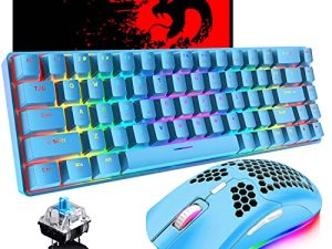 60٪ لوحة مفاتيح ميكانيكية للألعاب 68 مفتاحًا سلكيًا من النوع C 18 RGB تأثيرات الإضاءة الخلفية ، ماوس RGB خفيف الوزن 6400 ديسيبل متوحد الخواص ، لوحة ماوس كبيرة متوافقة مع PS4 ، Xbox ، الكمبيوتر الشخصي ، الكمبيوتر المحمول ، MAC (مفتاح أزرق / أزرق)