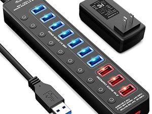 موزع USB 3.0 مدعوم من Apanage و 11 منفذًا USB Hub Splitter (7 منافذ نقل بيانات عالية السرعة + 4 منافذ شحن ذكية) مع مفاتيح تشغيل / إيقاف فردية ومحول طاقة 48 وات لجهاز Mac Pro / mini ، PC ، HDD ، القرص