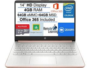 أحدث كمبيوتر محمول 2021 HP Stream 14 "HD SVA ، معالج Intel Celeron N4000 ، ذاكرة وصول عشوائي 4 جيجابايت ، مساحة 128 جيجابايت (64 جيجابايت eMMC + 64 جيجابايت MSD) ، Office 365 ، HDMI ، USB-C ، Windows 10 ، وردي ذهبي ، AllyFlex MP ، صف على الإنترنت